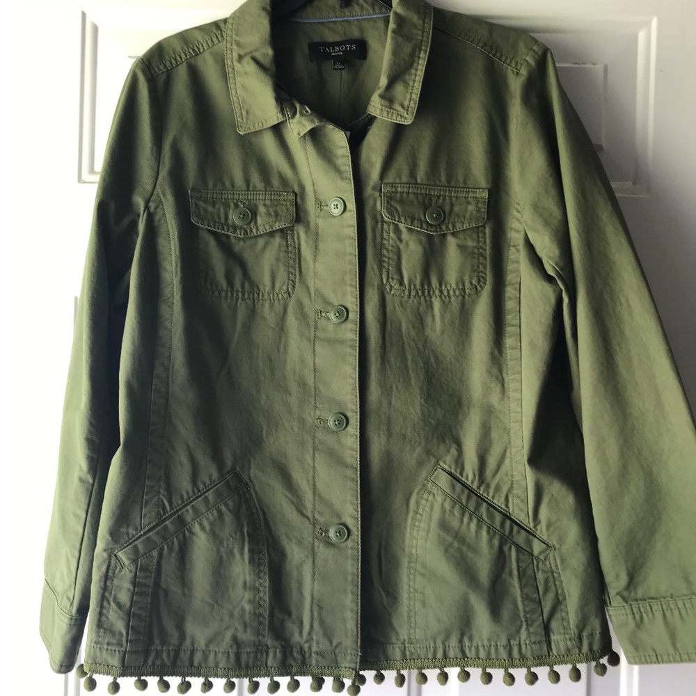 NWT Talbots Green Button Down Jacket With Pom Pom Detail LP